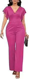 [WanMem] Jumpsuits for Women Casual Summer Rompers Sexy Deep V Neck Ruffle Short Sleeve Wide Leg One Piece Outfits for Women