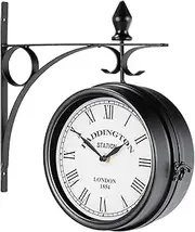 Double Sided Wall Clock, 20cm Vintage Double Sided Wall Clock with Steel Stand, Indoor Outdoor Antique Wall Clock for Home, Garden and Yard.