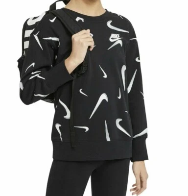 Nike Crewneck Sweatshirt Girls XS Black White All Over Print Swooshfetti DA1244