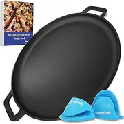 16 Inch Cast Iron Pizza Pan Round Griddle by StarBlue with FREE Silicone Handles and 30 Recipes Ebook– Pre-Seasoned Comal, Kitchen Essentials for Pizza Lovers, Baking, Grill, BBQ, Stove Oven Safe