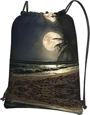 EdWal Tropical Beach Palm Tree With Full Moon Starry Night Print Drawstring Backpack Gym Bags Sports Bags With Zipper Pocket For Travel Beach, Black, One Size