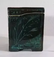 Vintage Art Pottery Signed Lidded Box w/Black Turquoise -Puzzle Top Signed HISA