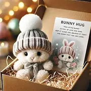 Mini Bunny Hug Cute, Easter Plush Bunny with Knitted Hat & Gift Box, Mini Inspirational Positive Handmade Crochet Animals (Color3)