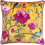 [Paoletti] Riva Chinoiserie Cushion Cover - Gold Yellow - Chinoiserie Flower Bird Print - Piped Edges - Machine Washable - 100% Polyester - 50 X 50cm (20" X 20" Inches) - Designed in The UK