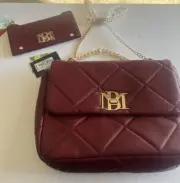 Badgley Mischka Diamond Quilted Crossbody Dark Red Bag Gold Chain Strap Wallet