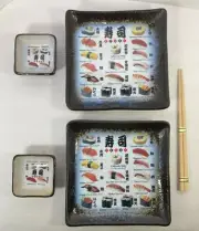 Set- 2 Sushi / Sashimi Plates & 2 bowls with Sushi names and images. 1 chopstick