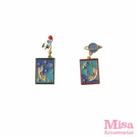 在飛比找momo購物網優惠-【MISA】韓國設計S925銀針不對稱滴釉太空貓咪造型耳環(