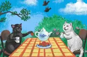 4X6 POSTCARD RYTA VINTAGE STYLE ART BLACK WHITE CAT SPRING SUMMER TEA CAP ART