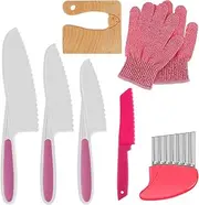 8 Pieces Kids Cooking Cutter Set, Toddler Knife Set for Cooking and Safe Cutting Veggies Fruits, Wooden Plastic Montessori Kitchen Tools (Pink)