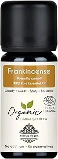 Aroma Tierra Organic Frankincense Essential Oil (Boswellia carterii) - 100% Pure & Food Grade - For Immunity, Face, Skin, Wellness, Diffuser - 10ml