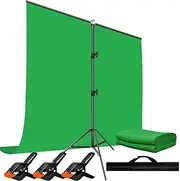 5X6.5ft Green Screen Backdrop with Stand Height Adjusted, Washable, Ironable Green Screen with T-Shape Background Stand Kit with Carrying Bag & Clamps for Streaming, Video, Zooming, Gaming