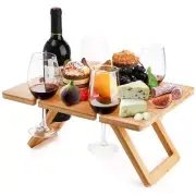 48cm Large Foldable Bamboo Picnic Travel Table w/ Wine Bottle/Glass Holder