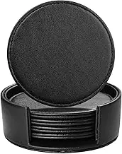Lorteme Drink Coasters with Holder, 4" Leather Coasters for Drinks Set of 6 for Tabletop Protection, Elegant Home Decor & Handmade Housewarming Gift - Black