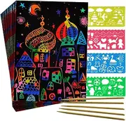 Scratch Paper Art Set for Kids: 50 Sheets Magic Black Scratch Art Paper Cards with 4 Stencils 5 Wooden Stylus, Gifts for Kids Ages 3-12 Girls Boys Birthday Christmas Party Favors Travel Toys