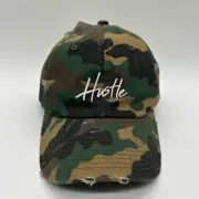 Hustle Hat Womens OSFM Multi Camo Distressed Embroidered Baseball Fitted Cap NEW