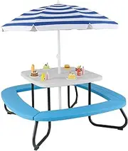 HONEY JOY 8 Person Kids Picnic Table, Outdoor Activity Table w/Adjustable & Collapsible Umbrella, 4 Built-in Benches for up to 8 Children, HDPE Picnic Table w/Sturdy Metal Frame for Ages 3+, White