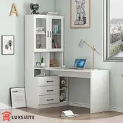 White Computer Desk Bookcase Office Study Writing Laptop Table Shelving Bookshelf Workstation with Drawers Shelves Cabinets