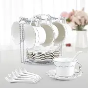 DUJUST Tea Cups and Saucers Set of 6 (8.5 OZ), Luxury Tea Cup Set with Silver Trim, Relief Printing Coffee Cups with Metal Stand, British Royal Porcelain Tea Party Set - White