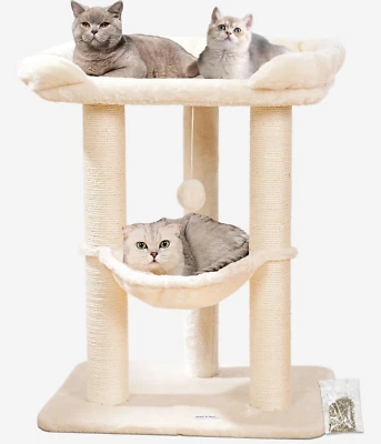 28" Large Cat Tree Tower for Indoor Cats with Scratch Post and Bed - Beige