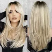 Long Ombre Blonde Hair Natural Layered Wig Curtain Bang Dark Root Women’s Hair