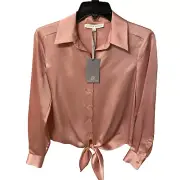 PRESTON & YORK Blouse Satin Womens S Tie Front Button Solid Shimmer Rose Pink