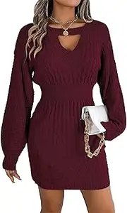 [Aosufei] Women's Waist Lantern Sleeve Hollow Dress Knitted Ribbed Crew Neck Dress Elegant Slim Solid Mini Dresses