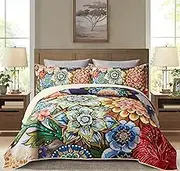 3 Piece Boho Floral Quilt Sets King Size Colorful Bohemian Contemporary Flower Microfiber Bedding Set Vibrant Bright Soft Lightweight Comforter Bedspread Coverlet (106''x96'') with 2 Shams (36"x 20")