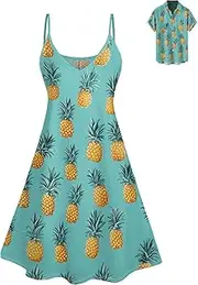 [DRESSFO] Matchable Couples' Outfit Tiled Pineapple Print Men's Shirt Or Women's Spaghetti Strap Dress, Light Green Women Dress, Medium