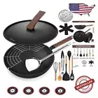 Versatile 13'' Carbon Steel Wok - 12 Piece Set Compatible with All Stove Types