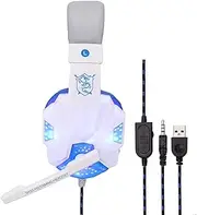SY830MV Wired Computer Gaming Headphones Over-Ear Game Headset with Microphone AUX+USB Port Control for PC White&Blue