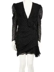 Black Silk Polka Dot Ruffle Accent Mini Dress