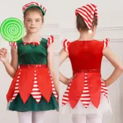 2Pcs Kids Girls Christmas Sequin Stripes Dress with Santa Hat Elf Costume Set