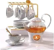 DUJUST 21 pcs Small Tea Set of 6, Gray Marble Texture with Handcraft Golden Trim, Fine Porcelain Tea Pot Set for Kids&Adults, 1 Glass Teapot(22oz), 6 Cups(4oz), 6 Saucers, 6 Spoons, 1 Shelf&1 Warmer