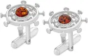 [AMBEDORA] Sterling Silver Mens Steering Wheel Cufflinks with Baltic Cognac Amber Polished Sterling Silver Gift Set, Normal, Sterling Silver, Amber