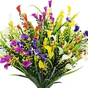 10 Bundles Artificial Outdoor Flowers, Faux Calla Lily and Spring Grass Bouquets, Plastic UV Resistant Fake Plants for Garden, Wedding, Home, Hotel Decoration