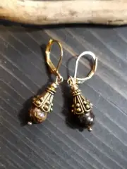 UNIQUE PETITE 8MM BROWN TIGER IRON STONE BEAD/GOLD BEADCAP AND ACCENT EARRINGS