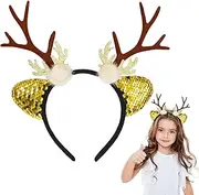 [ALLY-MAGIC] Christmas Reindeer Antlers Headband, Gold Sequins Xmas Deer Ears Headbands Cute Fluffy Hair Hoops for Adults Kids Christmas Holiday Party Decoration Photos Props Y11LPMRMLFG