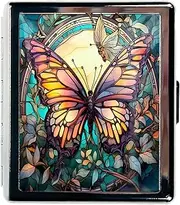 HowGuu Travel Pill Organizer Small Pill Case for Purse Essentials 7 Days Cute Pill Box with Mirror Portable Pill Box for Pocket or Purse Pill Containe Travel Gifts (Butterfly Stained Glass)