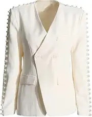 [Zadaos] Women Blazer V Neck Double Breasted Beading Long Sleeve Blazer Coat Ladies Suit Jacket