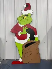 Grinch with Bag - Hand Painted Wood Yard Art - Christmas - Outdoor or Indoor