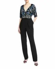 Aidan Mattox Women's Size 6 Black Blue Beaded V Neck Jumpsuit