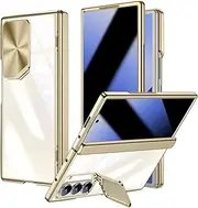 [spoovcto] Case for Samsung Galaxy Z Fold6: with Anti-Spy Privacy Screen Protector, Built-in Camera Kickstand Cover, Luxury Clear Plating Mobile Phone Case for Galaxy Z Fold 6 (Gold, Screen Protector)