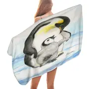 Cute Animal Art Drawings Penguins Holding Hands Microfiber Beach Towel