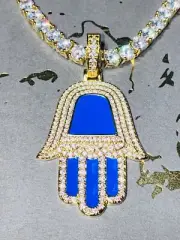 Men's 14k Gold Tennis Egyptian Eye Fatima Hamsa Hand CZ Iced Blue Pendant Chain