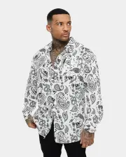 [SAINT MORTA] Saint Morta Paisley Skulls Long Sleeve Button Up Shirt White/black - Size S S White/Black