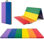 Costway Gymnastics Mat, Tri-Fold Thick Tumbling Mat 180 cm x 120 cm x 4 cm with Hook & Loop Fasteners, Portable Handles for Kids & Adults, Lightweight PU Leather Exercise Mat for Yoga, Stretching