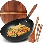 Carbon Steel Wok Pan, 5 Piece Authentic Chinese Wok & Stir-Fry Pans Set with Woo