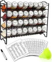Spice Rack Organizer with 32 Empty Square Glass Spice Jars, 386 White Spice Labe