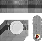 Neween 13PCS Placemats Heat-Resistant PVC Place Mats with Table Runner, Woven Non-Slip Table Mats and Coasters Set for Dining Table Home (6 Placemats + 6 Coasters + 1 Table Runner, Grey & Black)