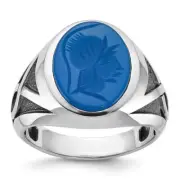 14K Solid White Gold Mens Black Blue Agate Statement Ring